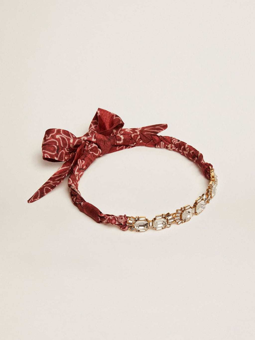 Women's necklace in antique gold color with crystals and printed scarf