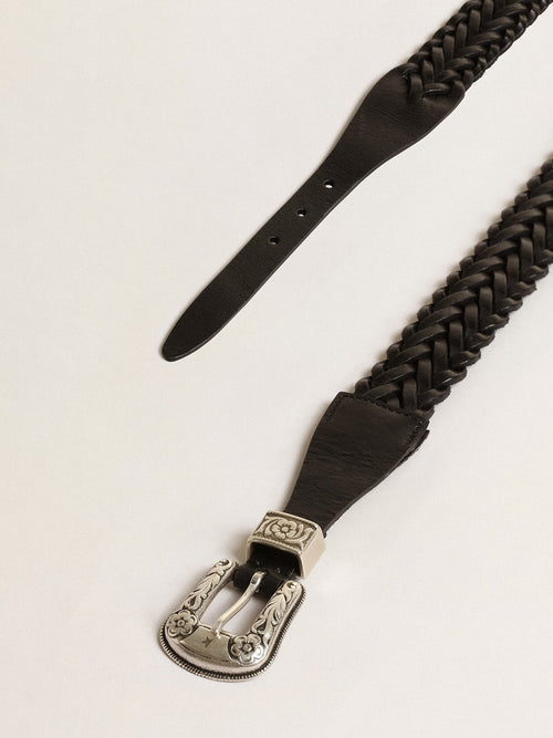 Belt in black braided leather with silver color buckle