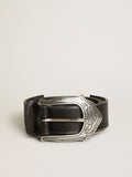 Women's belt in black leather with silver decorations