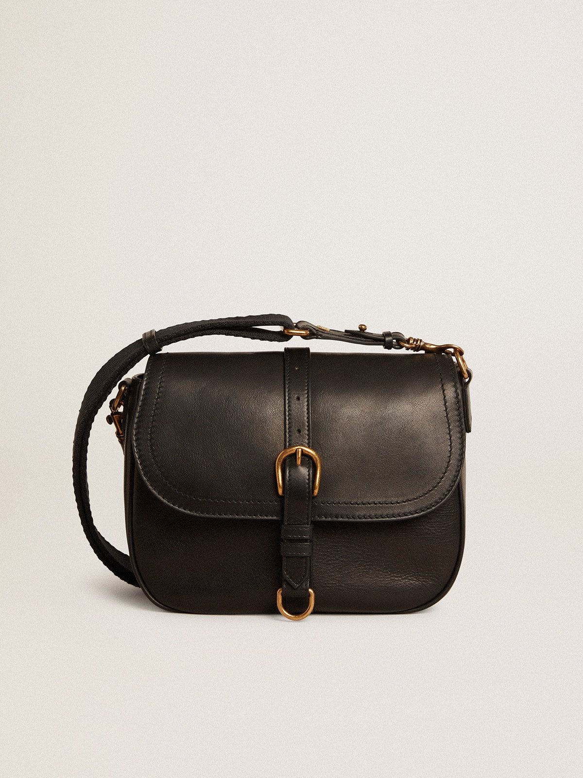 Medium Sally Bag in black leather with buckle and shoulder strap