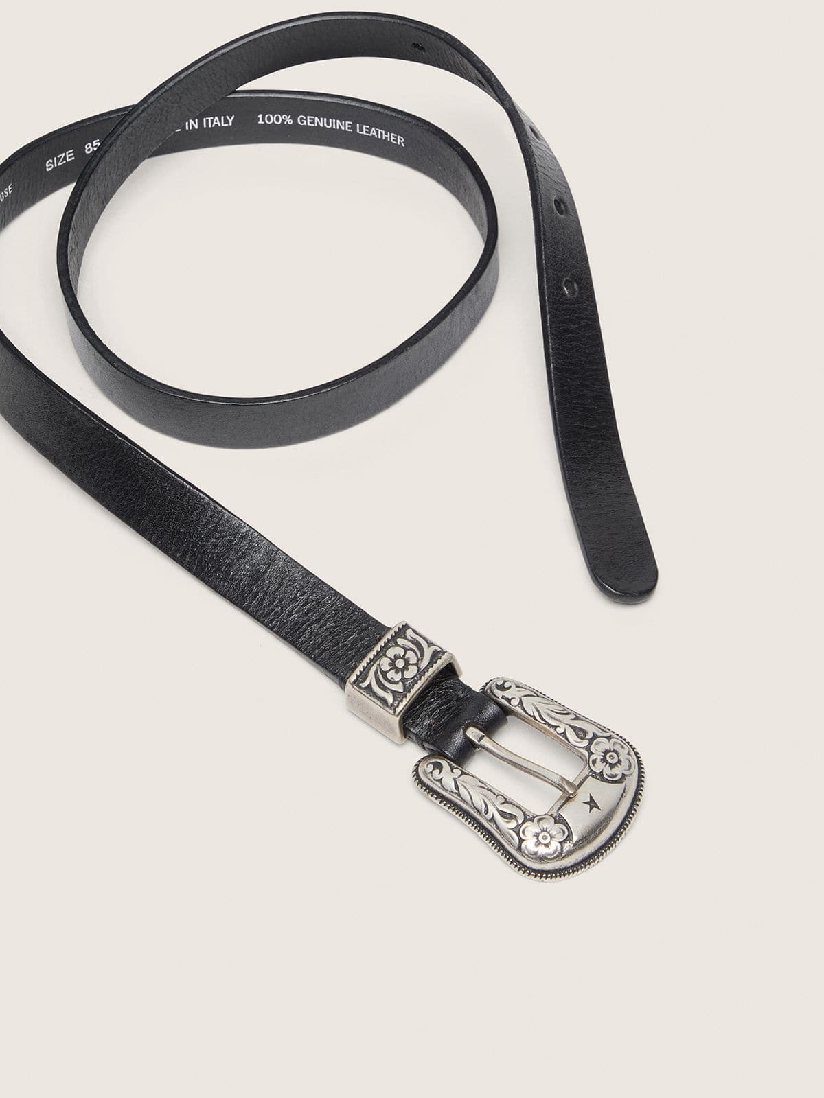 Black belt in washed leather with silver color buckle