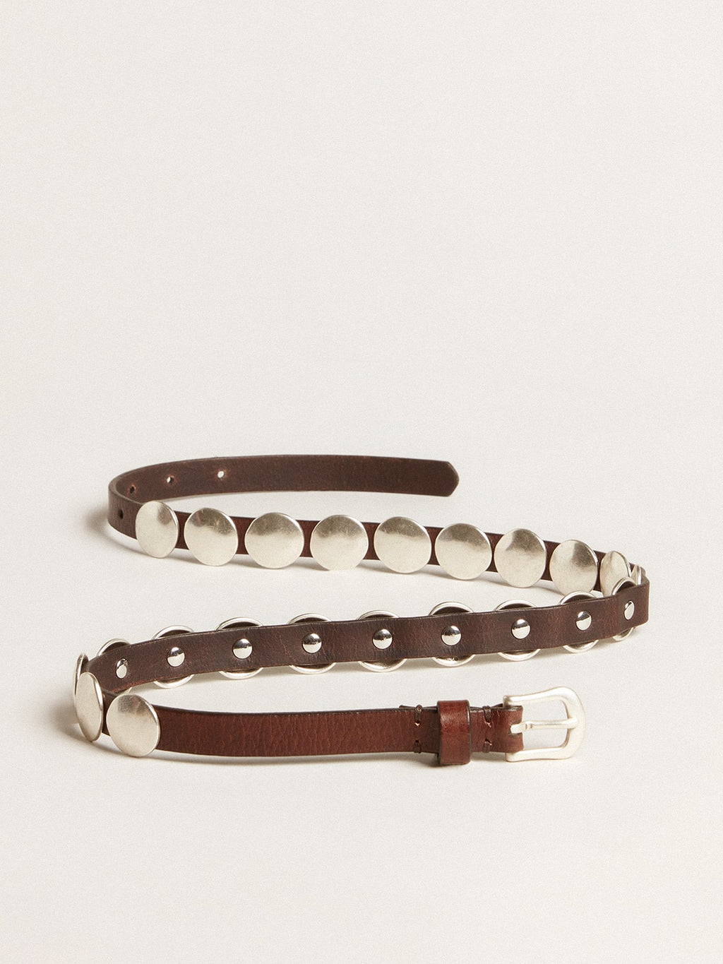 Trinidad thin belt in dark brown leather with silver studs