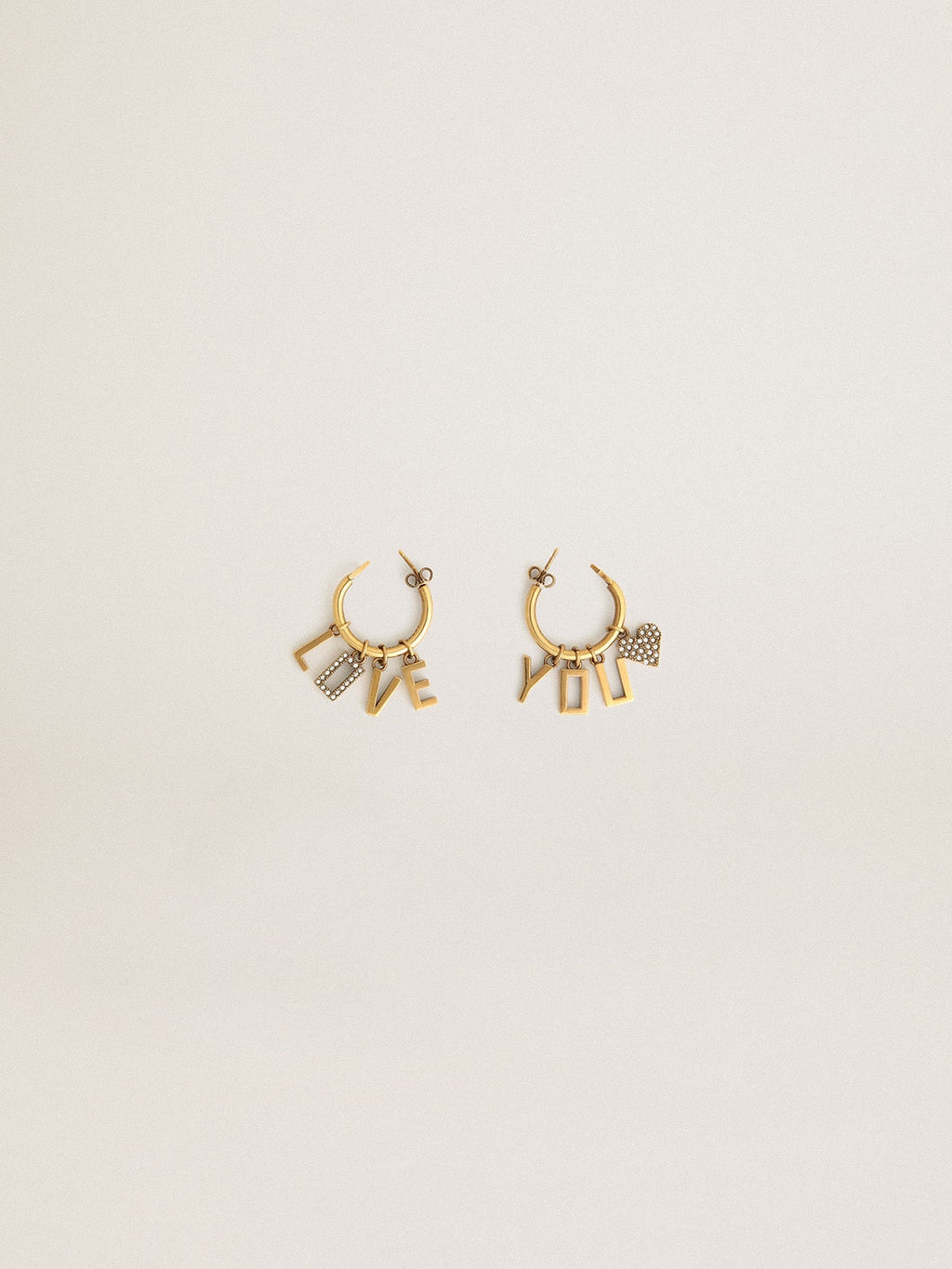 Hoop earrings with drop Love You lettering and crystals
