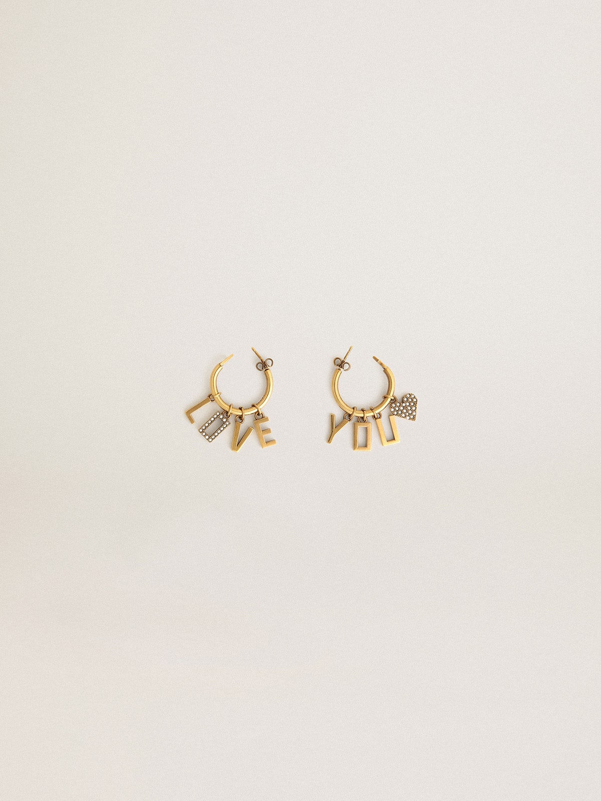 Hoop earrings with drop Love You lettering and crystals