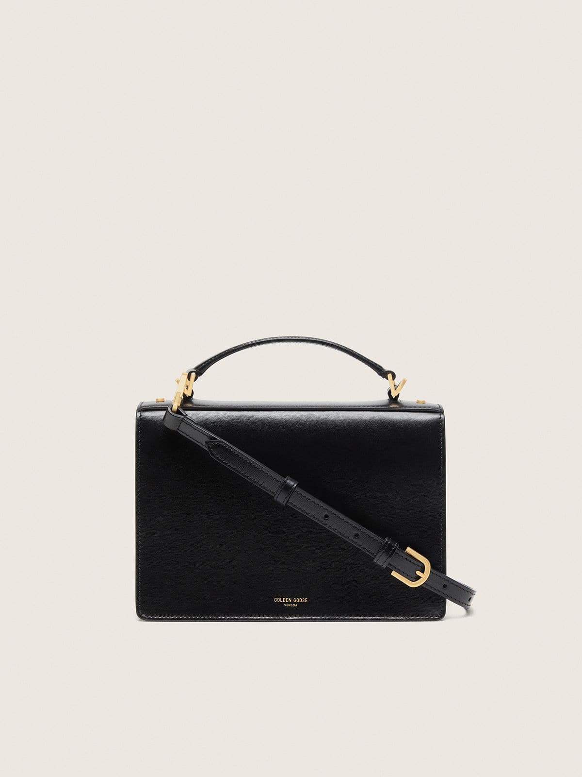 Venezia Bag in black boarded leather with gold details