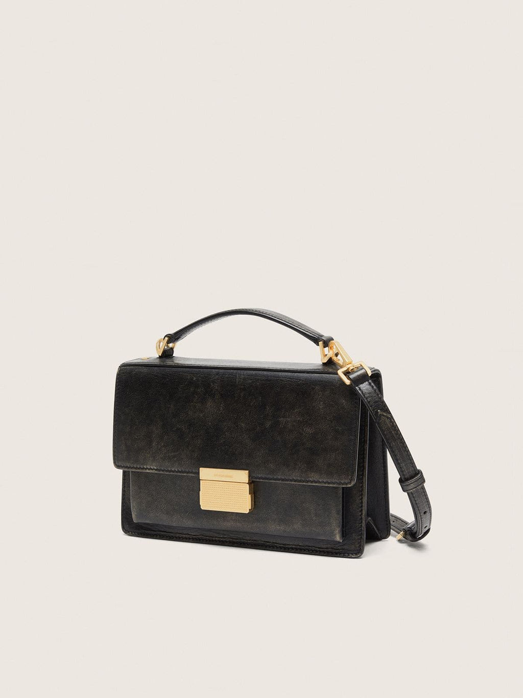 Venezia Bag in black distressed leather with gold details