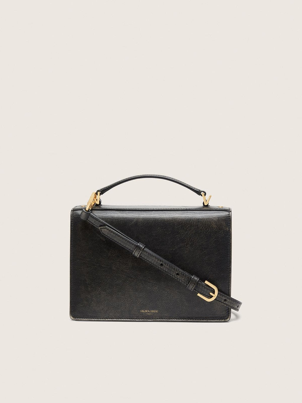 Venezia Bag in black distressed leather with gold details