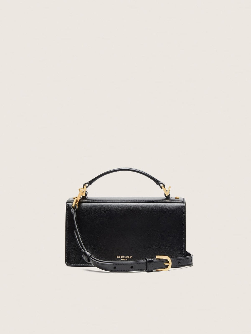 Small Venezia Bag in black boarded leather with gold details