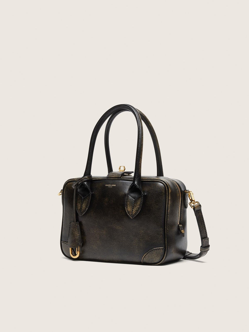 Vita Bag in black distressed leather with gold details