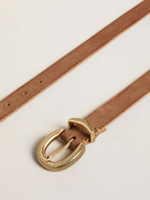 Ash-colored nubuck leather belt with gold buckle