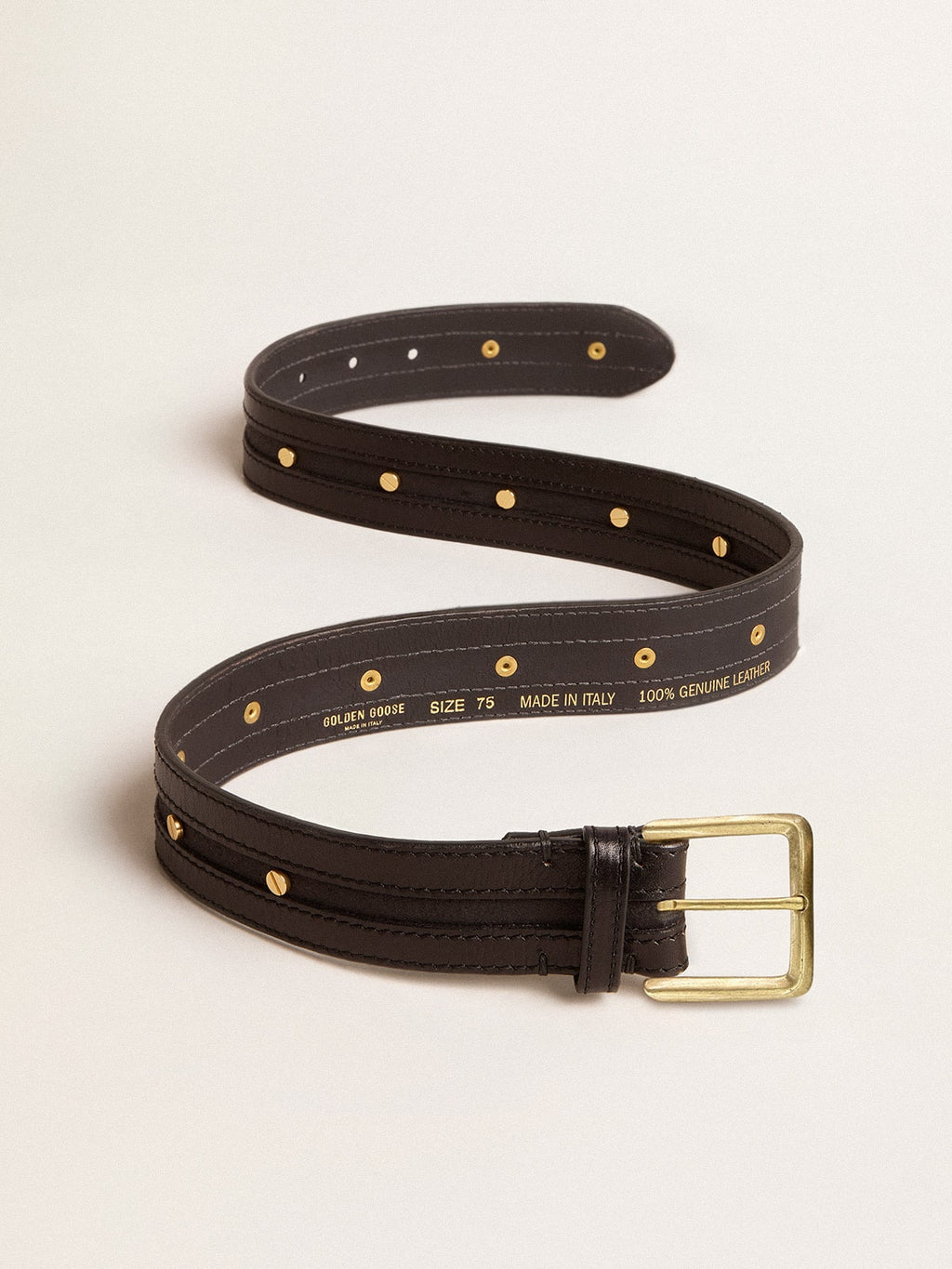Women’s black belt in washed leather with gold studs