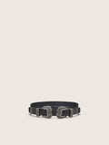 Black belt in washed leather with silver-colored double buckle