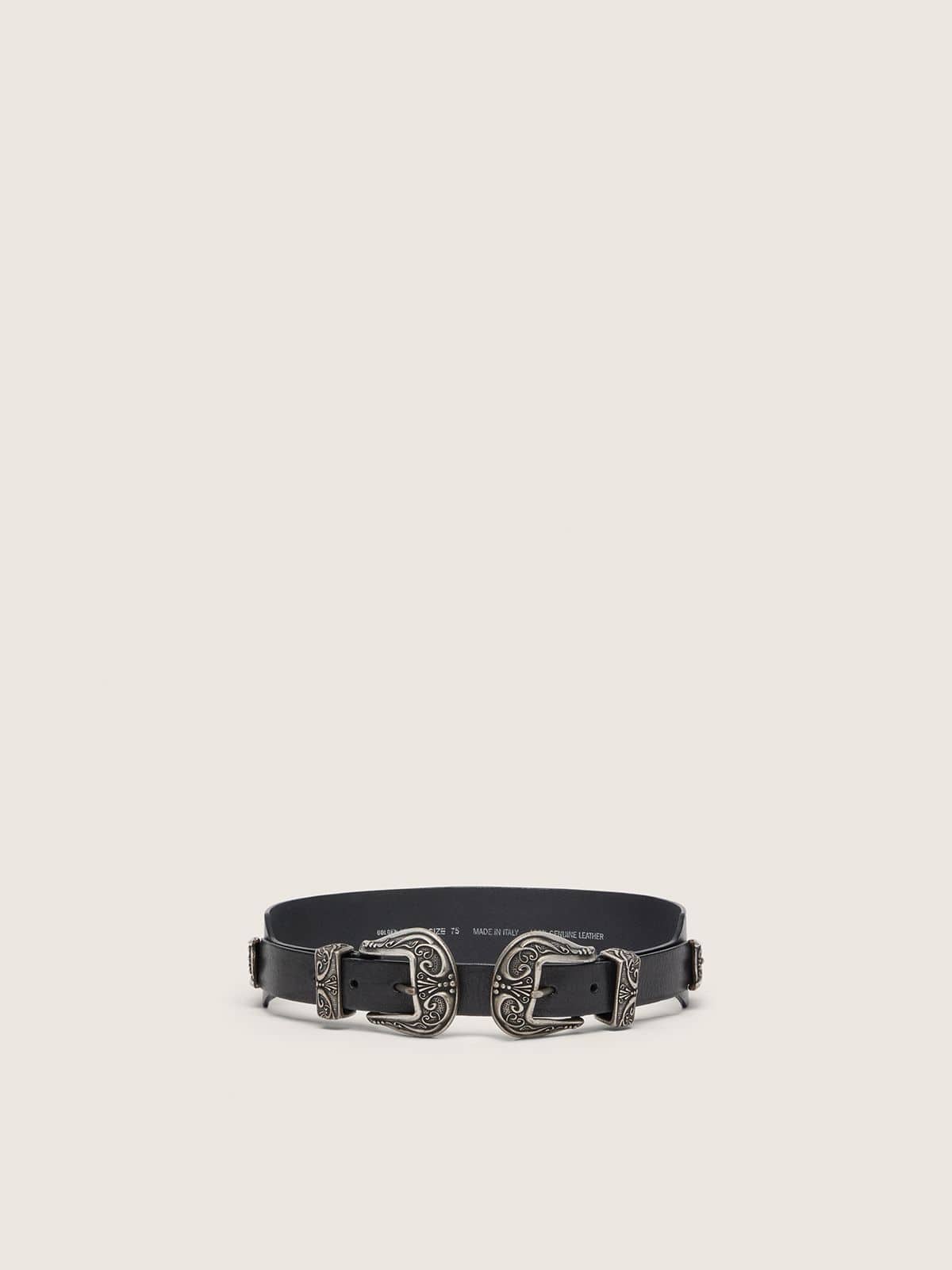 Black belt in washed leather with silver-colored double buckle