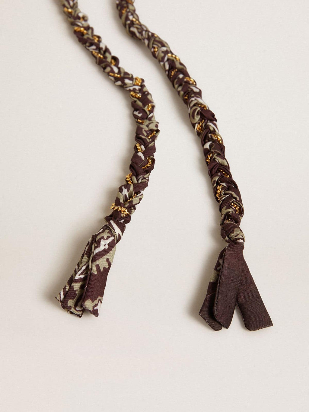 Burgundy braided fabric charm with brass chain