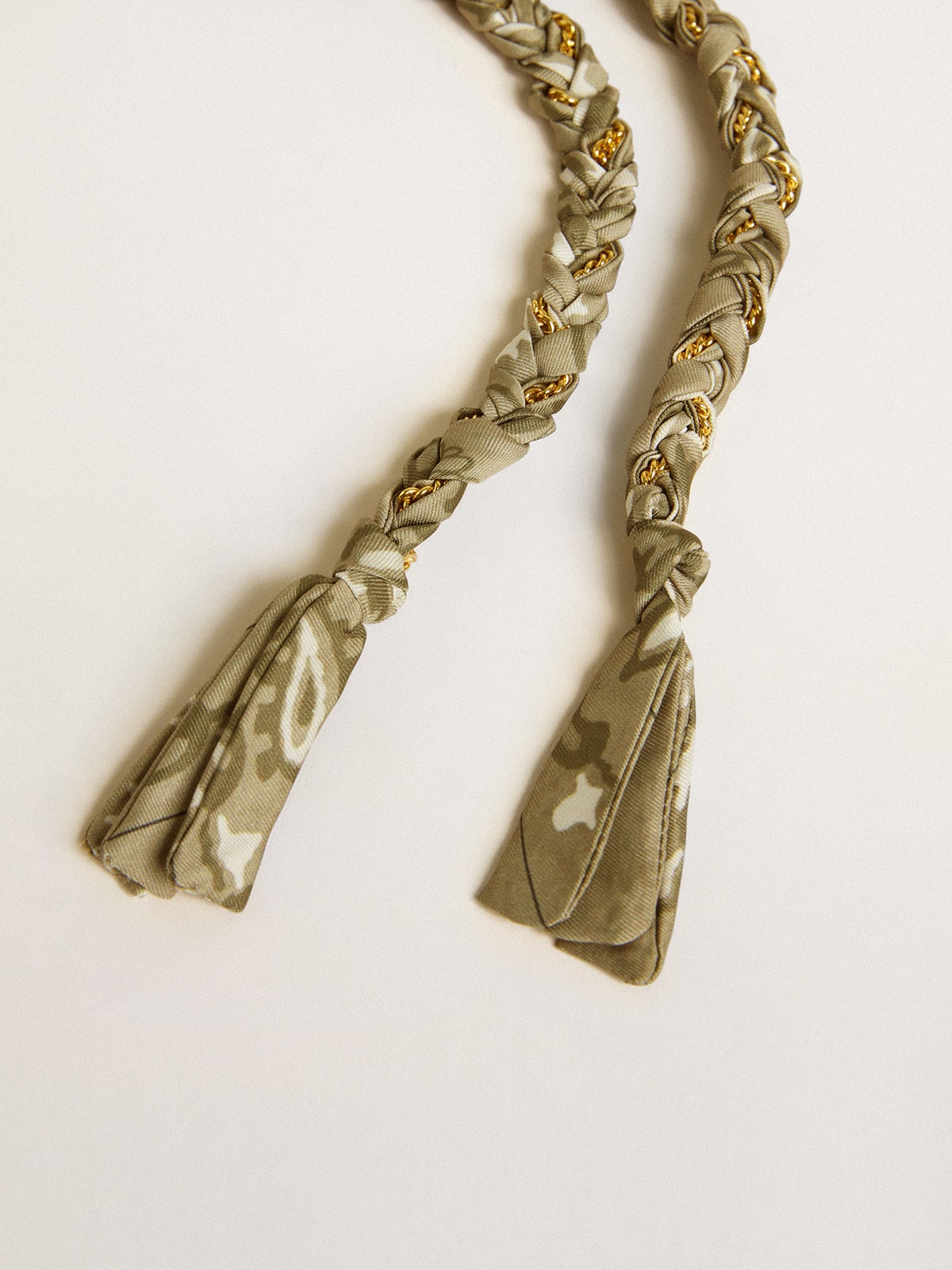 Dove-gray braided fabric charm with brass chain