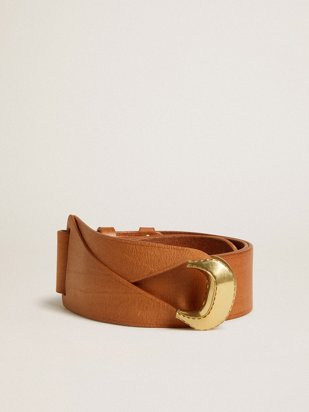 Brown leather belt with semi-circular gold buckle
