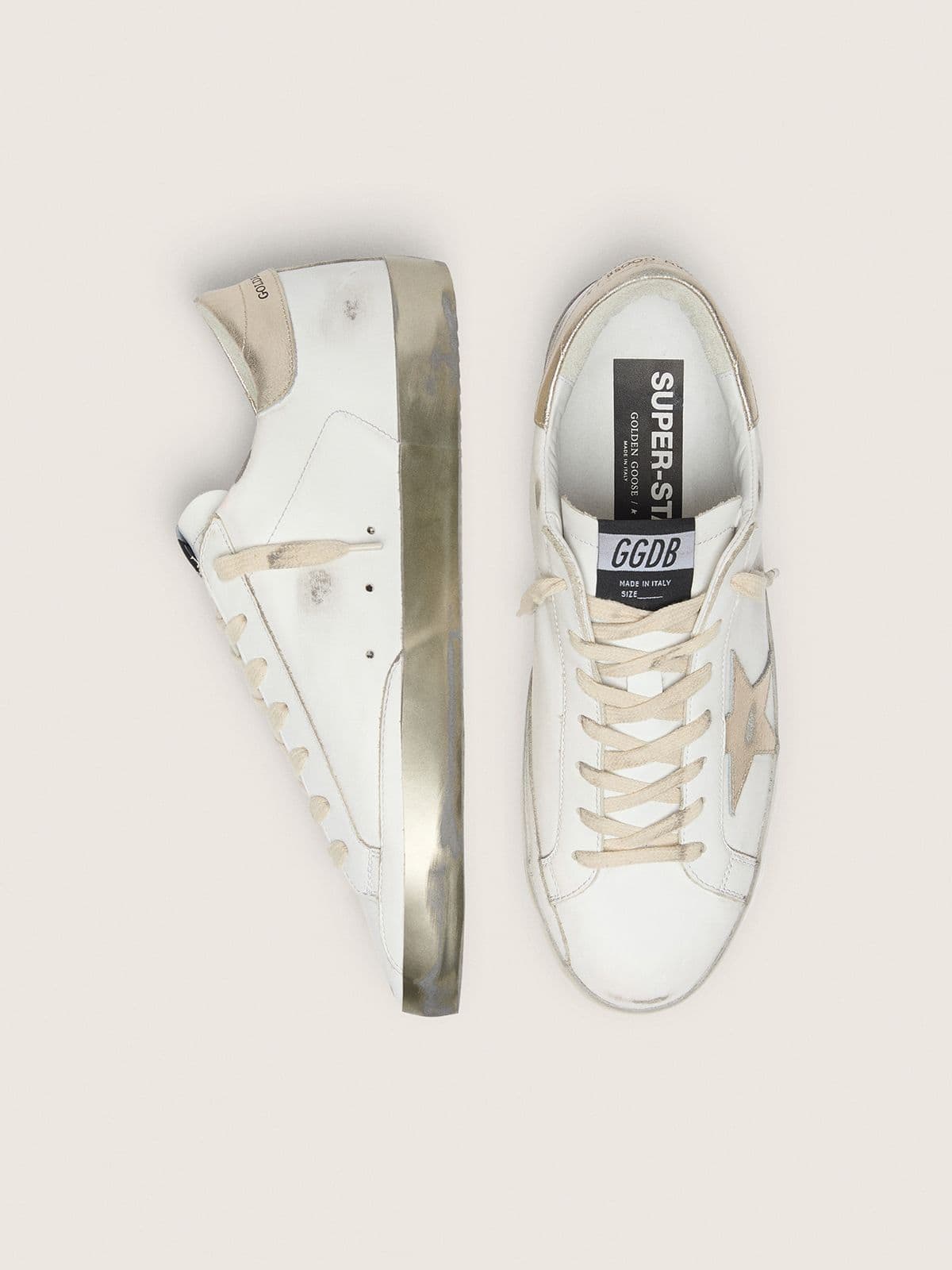 Women's Super-Star with gold sparkle foxing and metal stud lettering