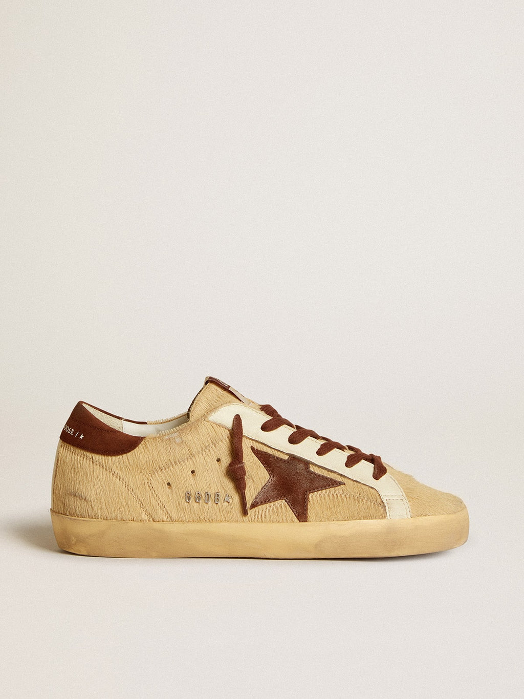 Women’s Super-Star in beige pony skin with brown suede star and heel tab