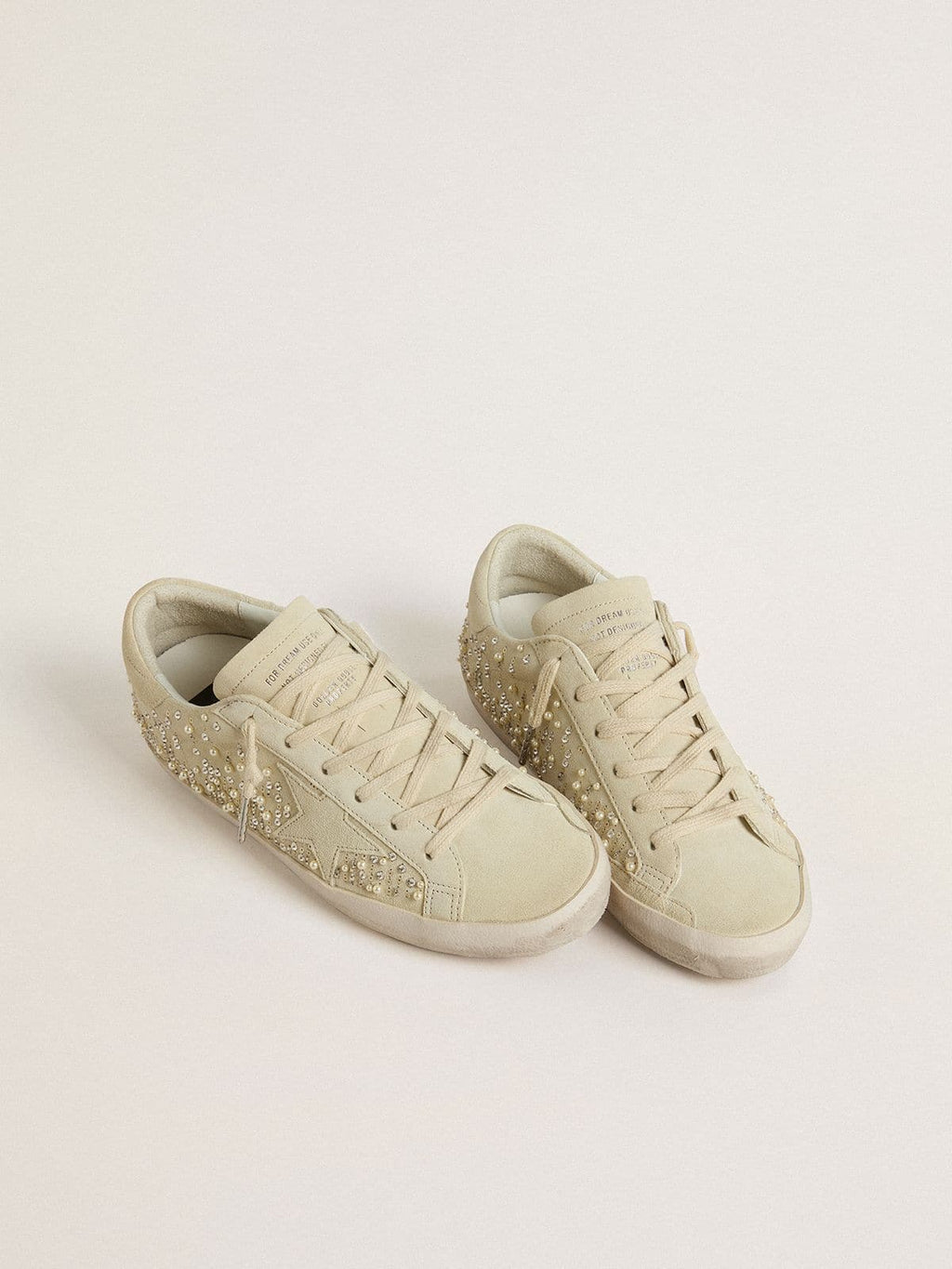 Women’s Super-Star in beige suede with pearls and Swarovski crystals