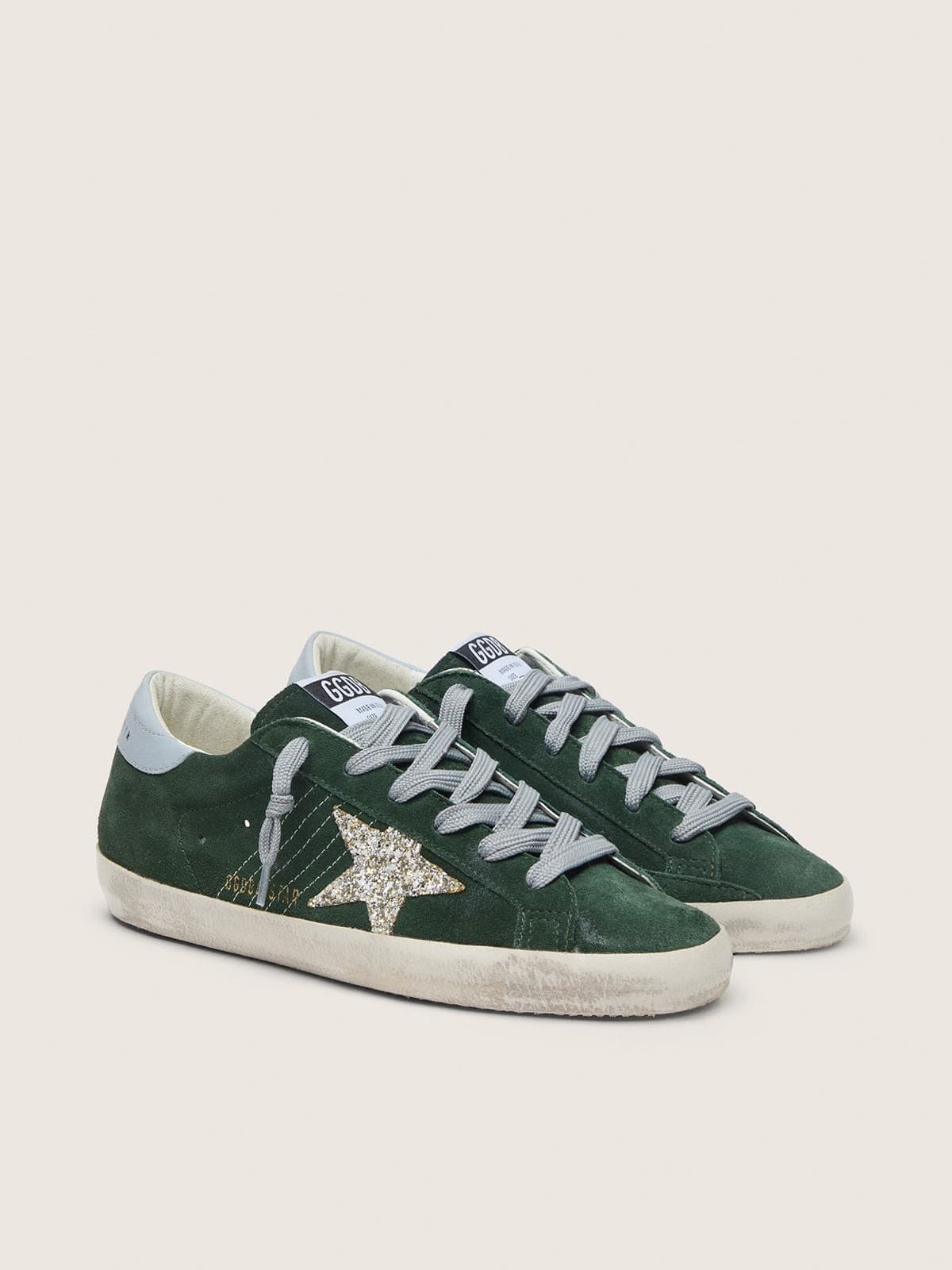 Super-Star in green suede, silver glitter star and leather heel tab
