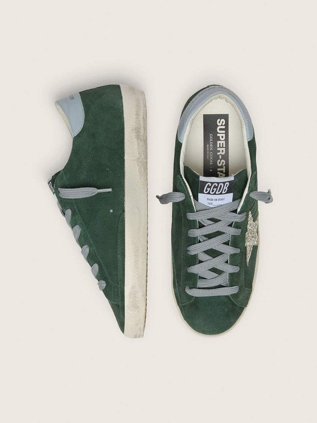 Super-Star in green suede, silver glitter star and leather heel tab