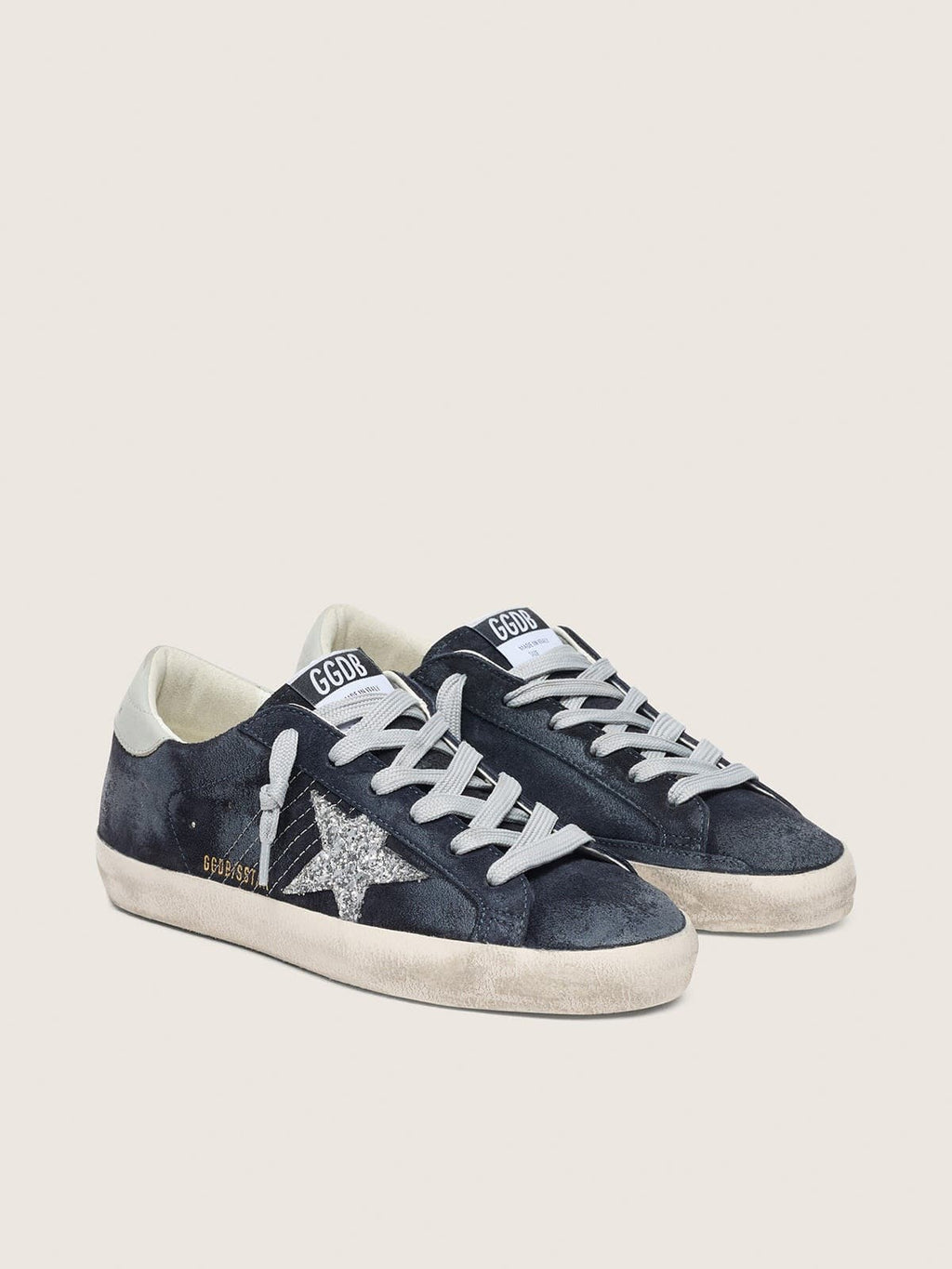 Women’s Super-Star in blue suede, silver glitter star and leather heel tab
