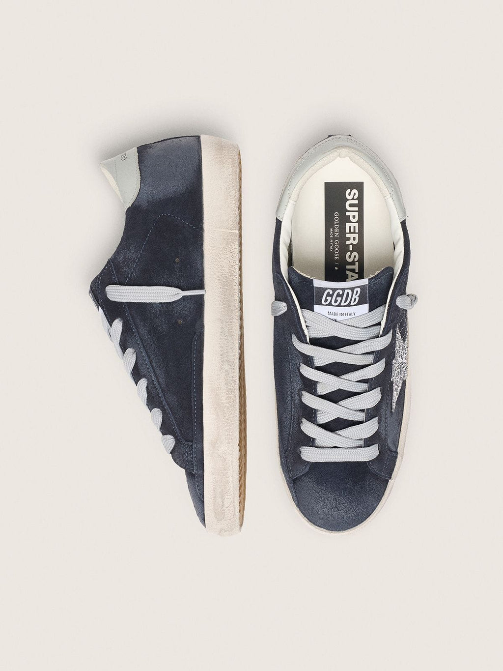 Women’s Super-Star in blue suede, silver glitter star and leather heel tab