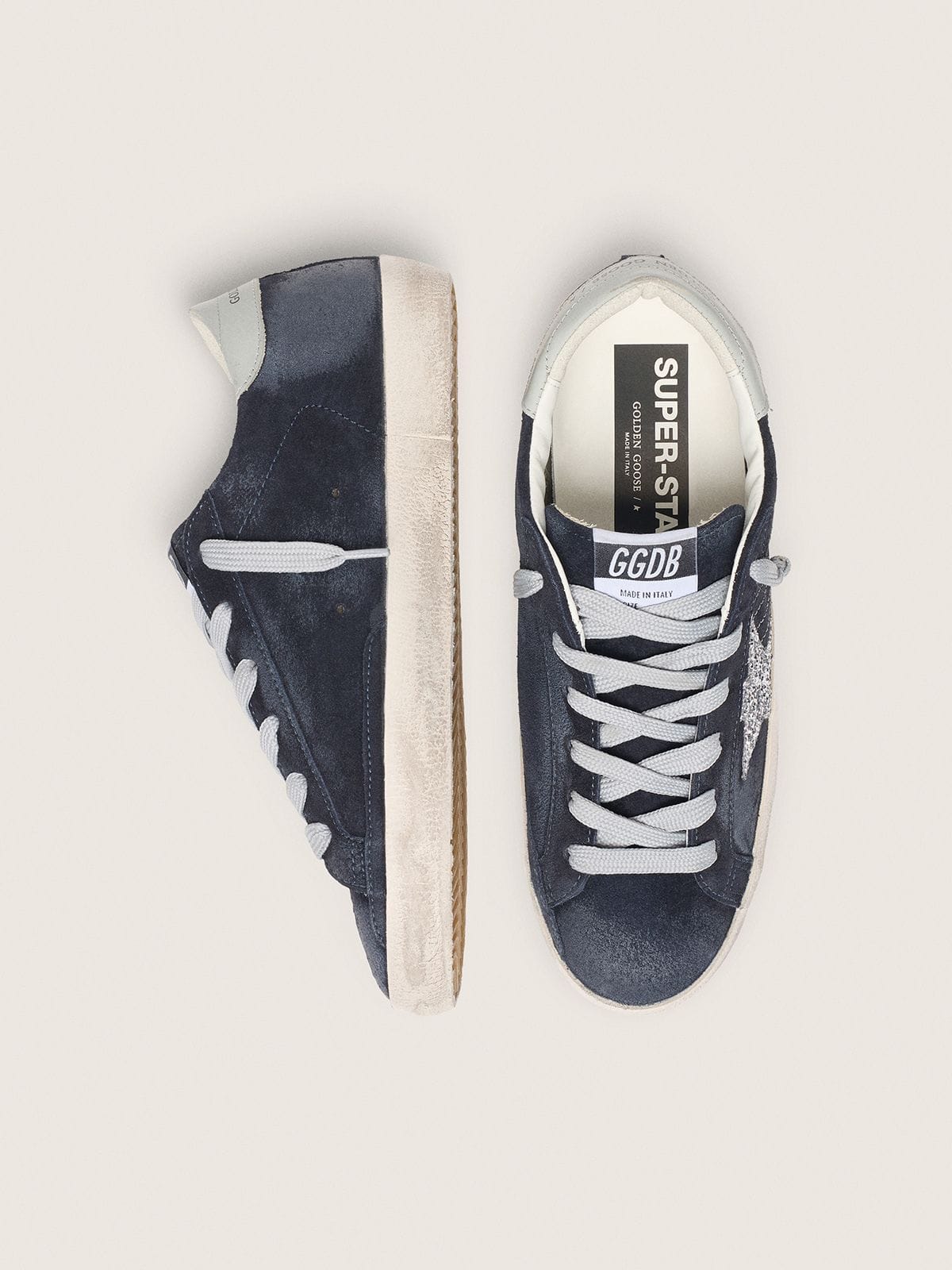 Women’s Super-Star in blue suede, silver glitter star and leather heel tab