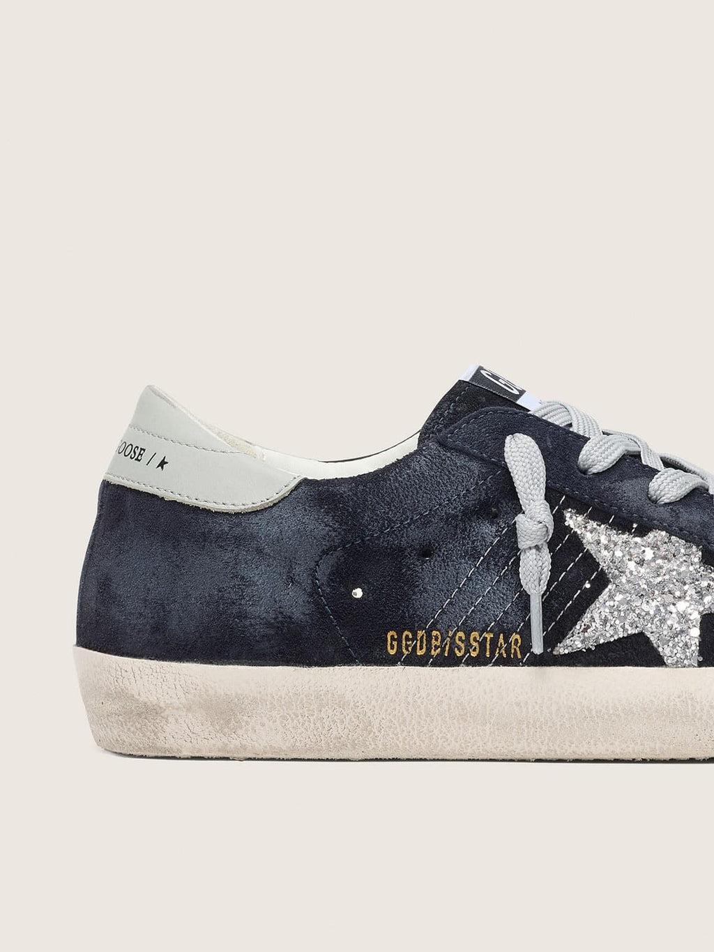 Women’s Super-Star in blue suede, silver glitter star and leather heel tab