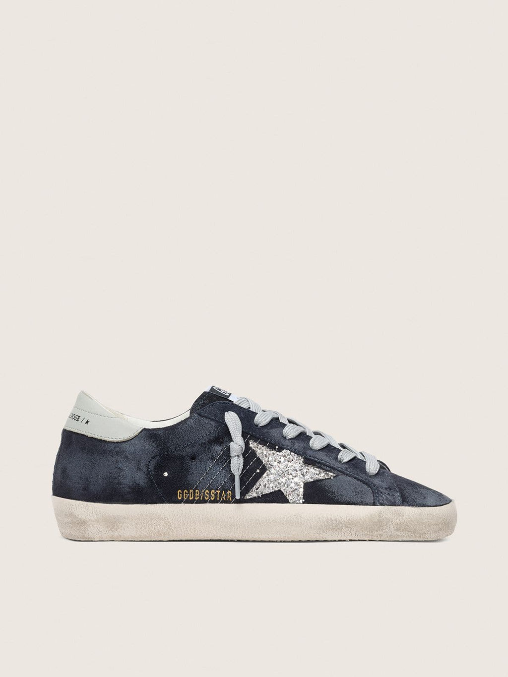 Women’s Super-Star in blue suede, silver glitter star and leather heel tab