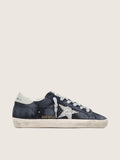 Women’s Super-Star in blue suede, silver glitter star and leather heel tab