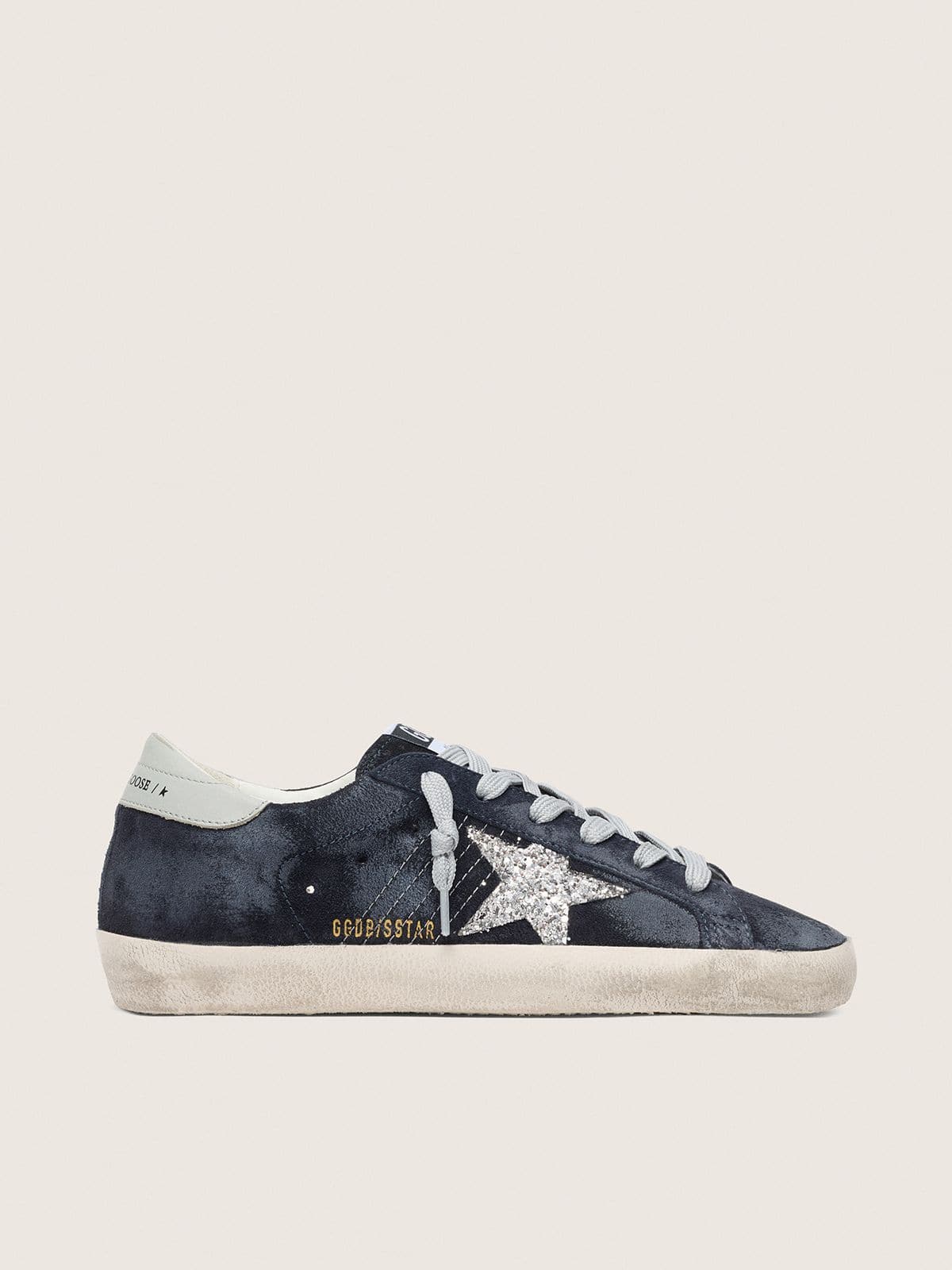 Women’s Super-Star in blue suede, silver glitter star and leather heel tab