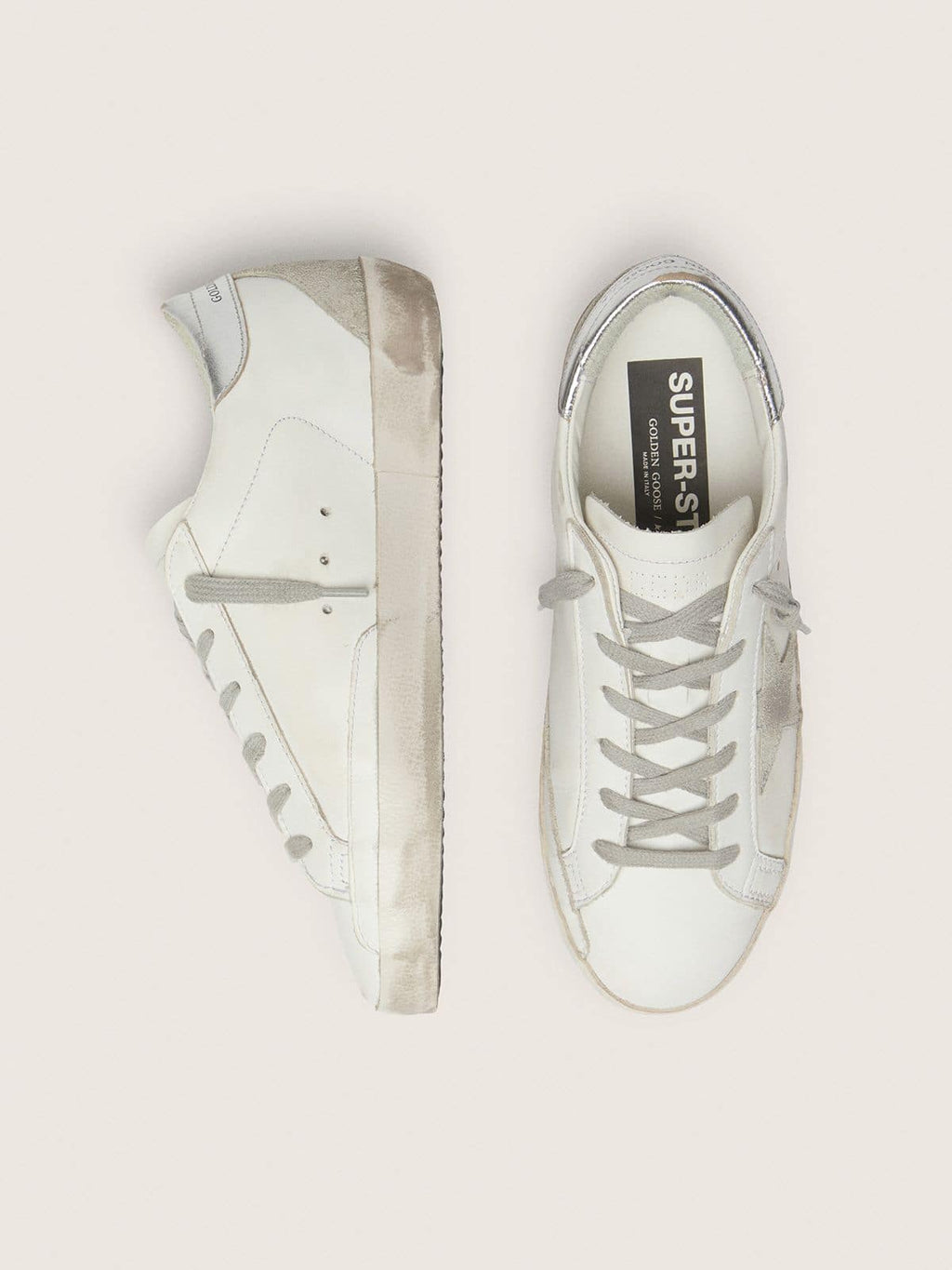 Women's Super-Star with silver heel tab and metal stud lettering