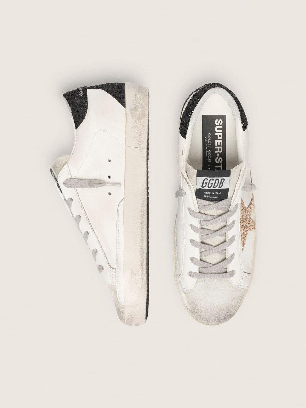Women’s Super-Star in nappa leather with gold glitter star and black glitter heel tab