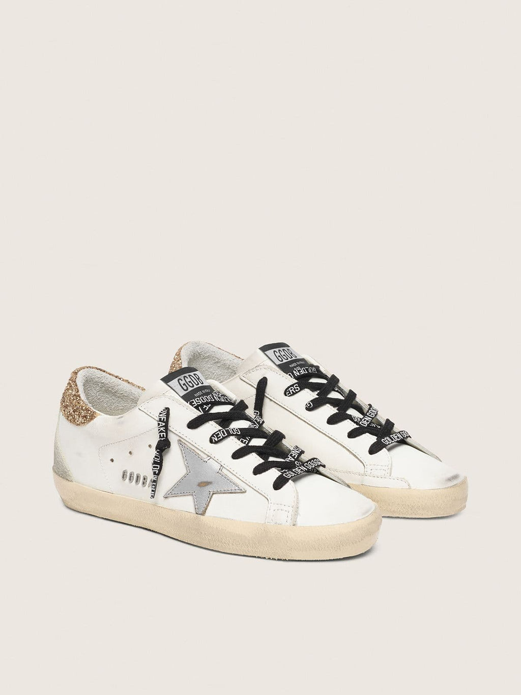 Women's white leather Super-Star sneakers with glittery heel tab