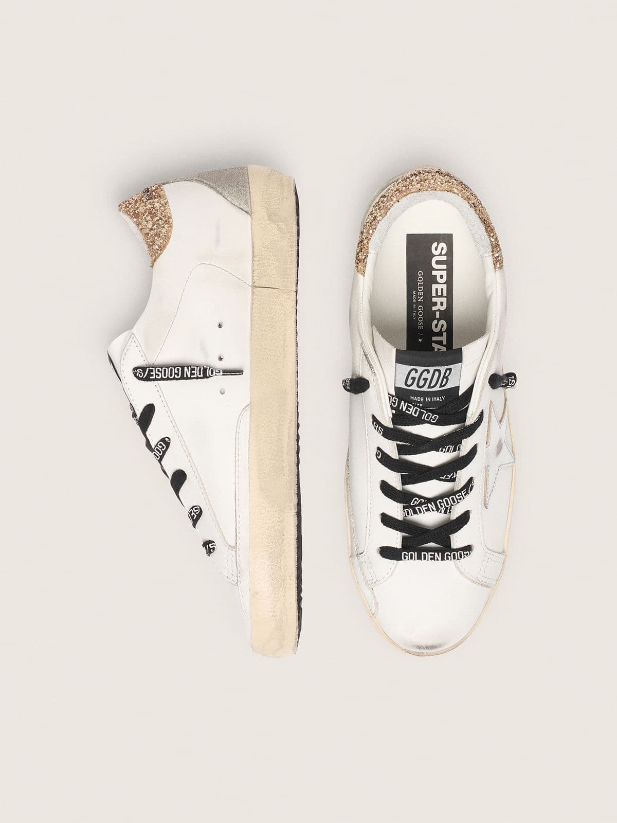 Women's white leather Super-Star sneakers with glittery heel tab