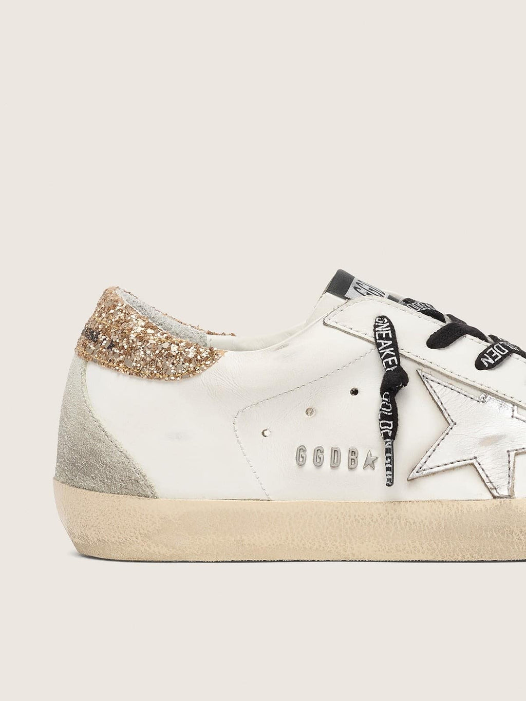 Women's white leather Super-Star sneakers with glittery heel tab