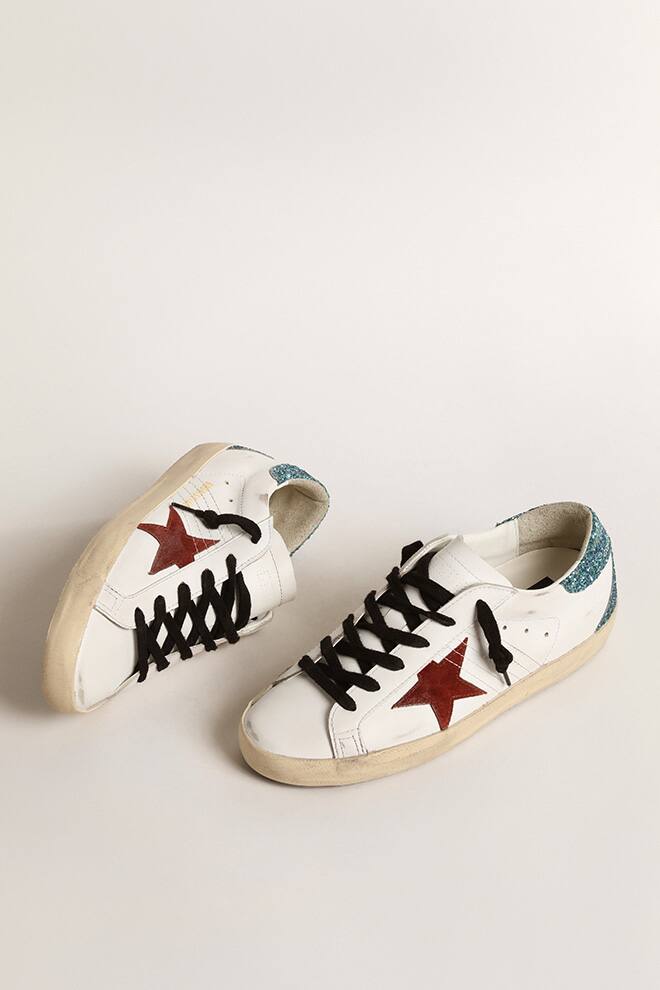 Women’s Super-Star with burgundy suede star and light blue glitter heel tab
