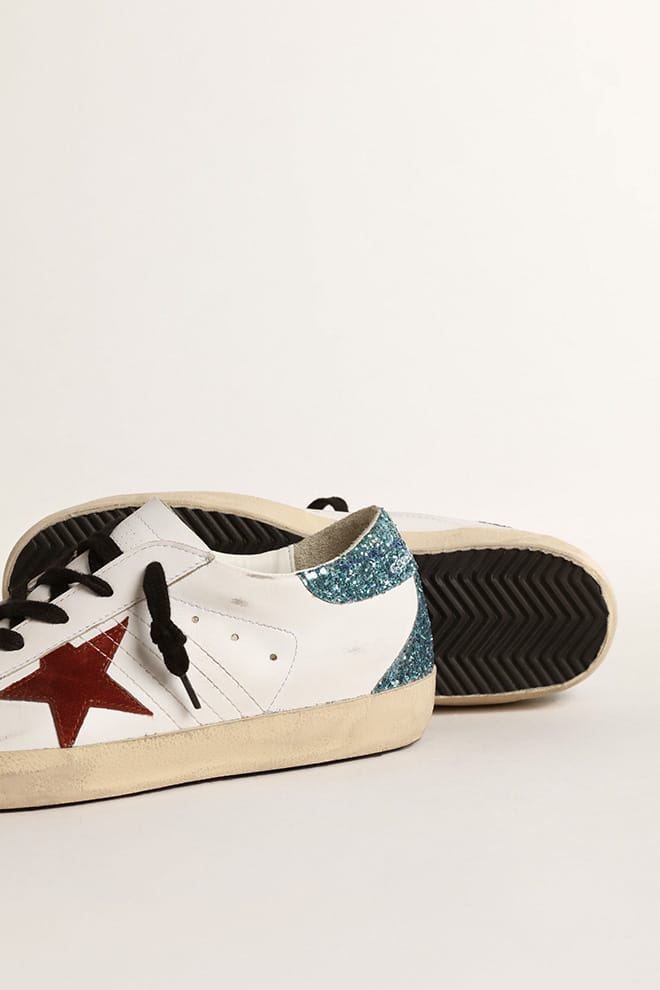Women’s Super-Star with burgundy suede star and light blue glitter heel tab