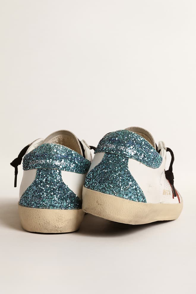 Women’s Super-Star with burgundy suede star and light blue glitter heel tab