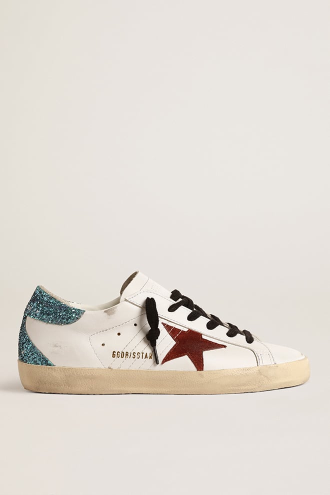 Women’s Super-Star with burgundy suede star and light blue glitter heel tab