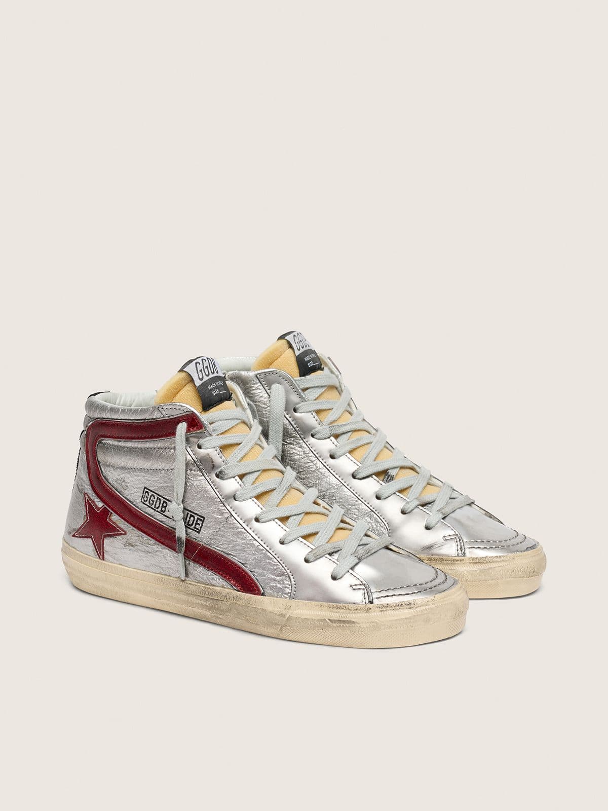 Women’s Slide with silver metallic leather upper and red metallic leather flash