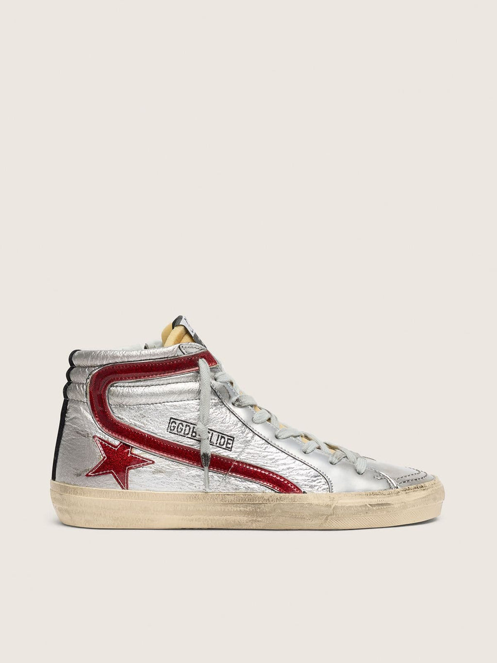 Women’s Slide with silver metallic leather upper and red metallic leather flash