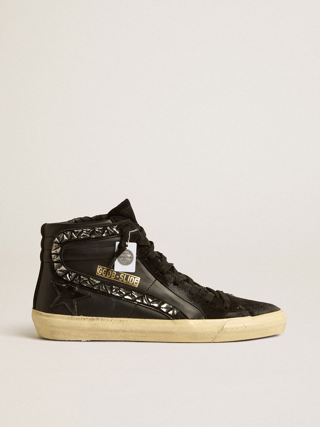 Slide in leather with black star and Swarovski crystal flash