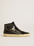 Slide in leather with black star and Swarovski crystal flash
