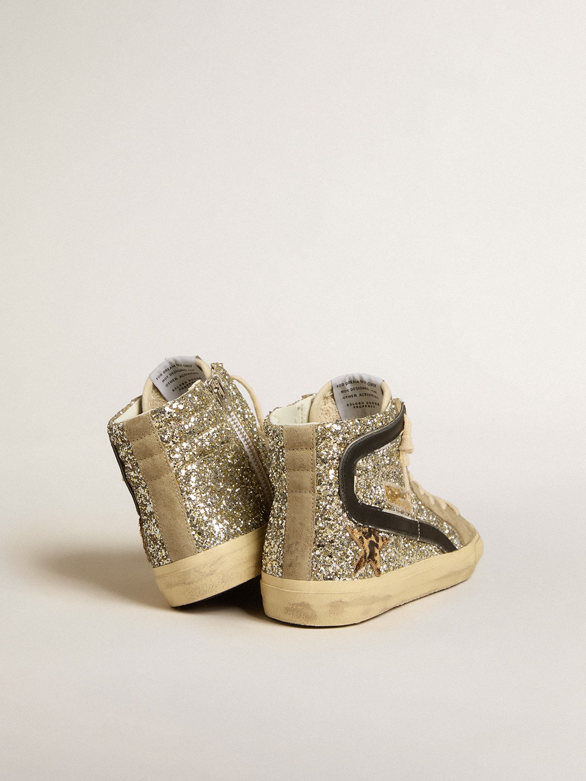 Slide in platinum glitter with leopard-print pony skin star and black flash