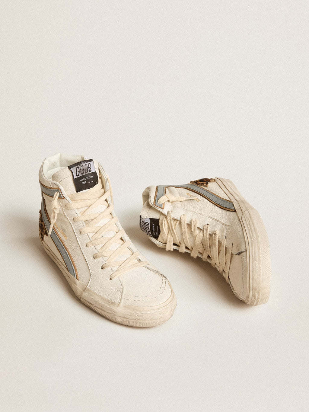 Slide in nappa with leopard-print pony skin star and gray nappa flash