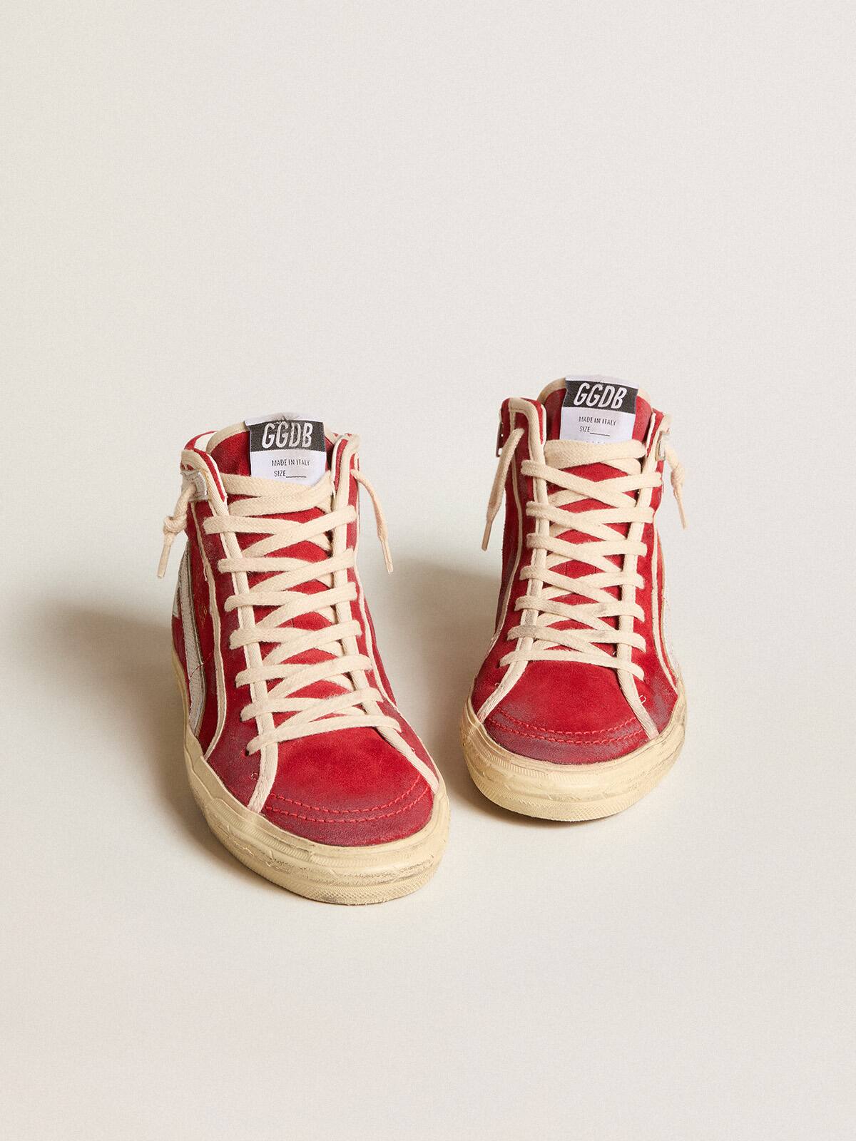 Slide in red suede with silver star and lizard print flash