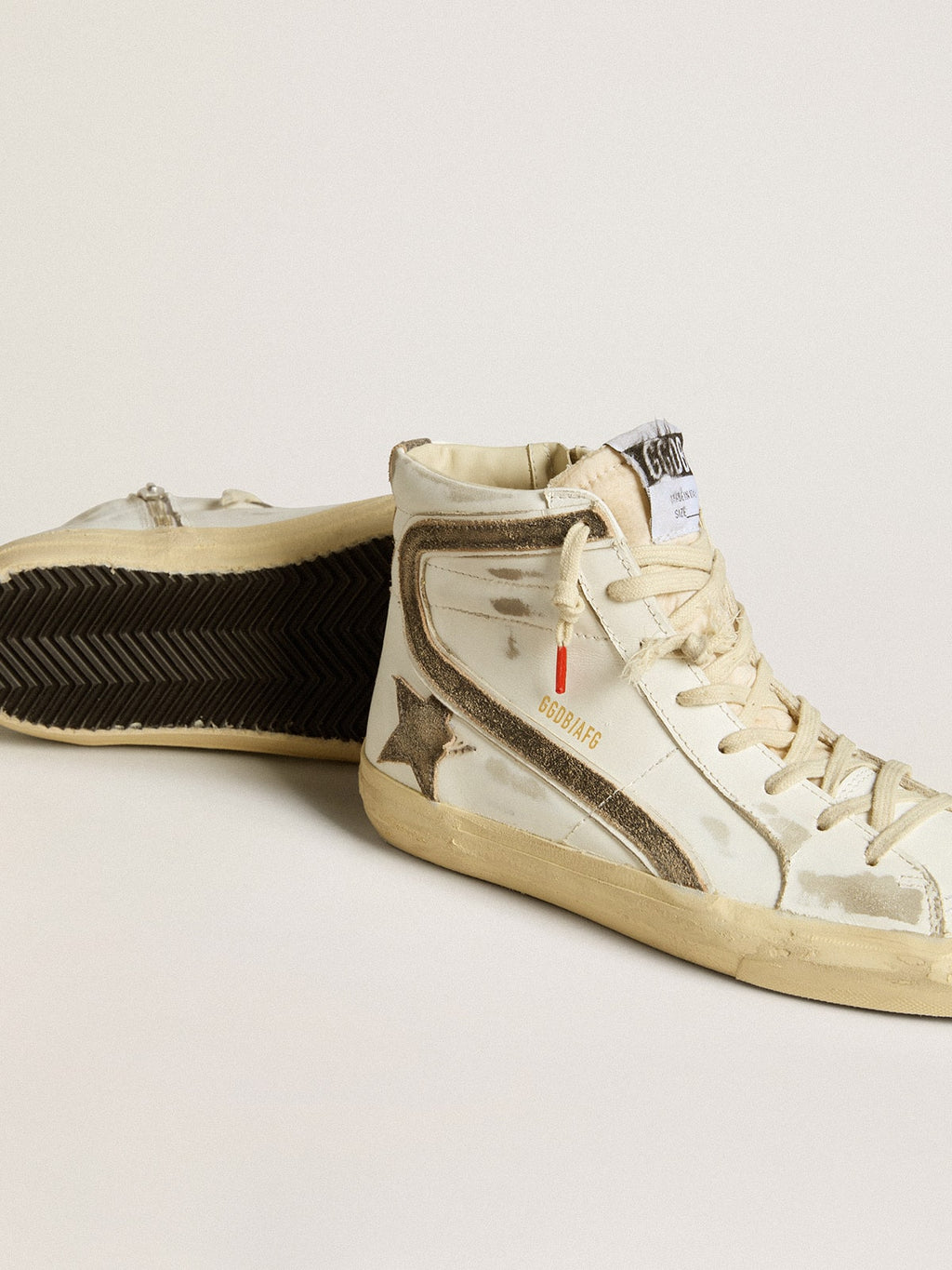 Women’s Slide LAB in white leather with star and flash in brown suede