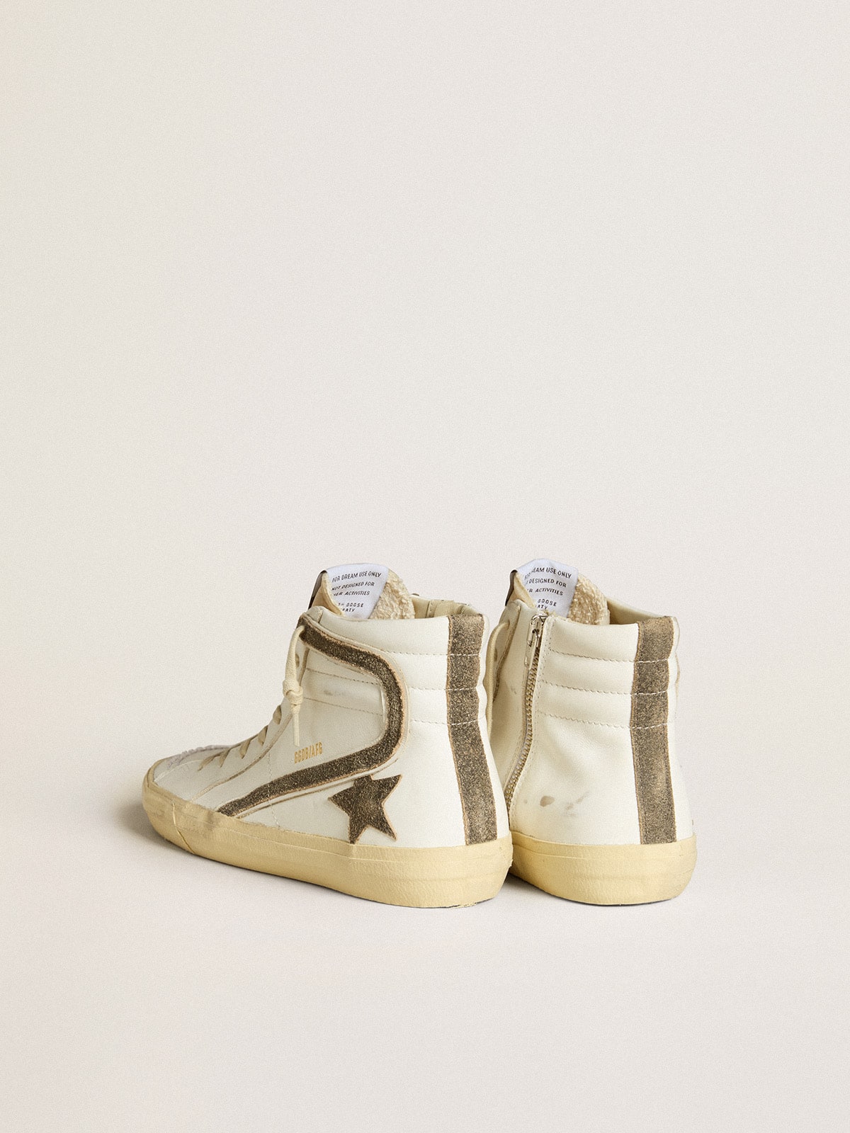 Women’s Slide LAB in white leather with star and flash in brown suede